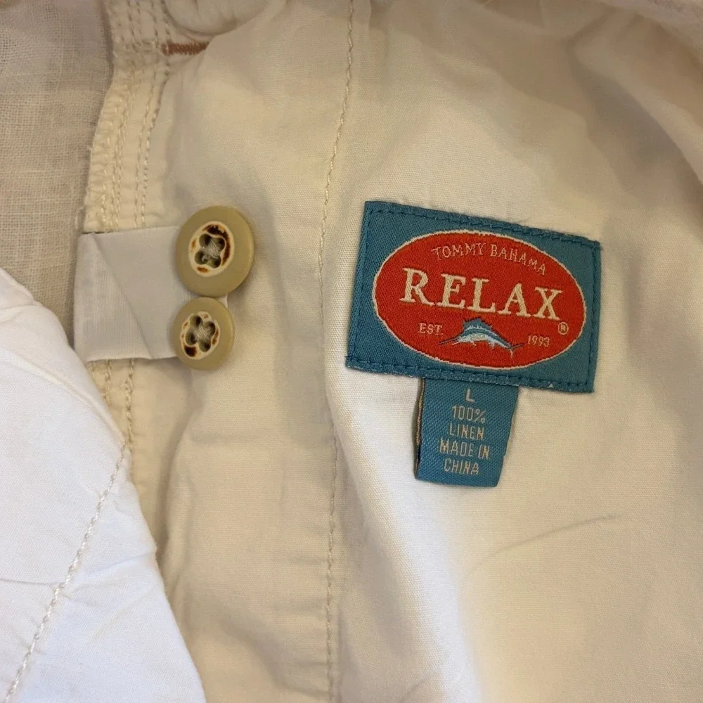 Tommy Bahama Linen Cargo Pants Men L 38 Cream Drawstring Relaxed Straight Safari
